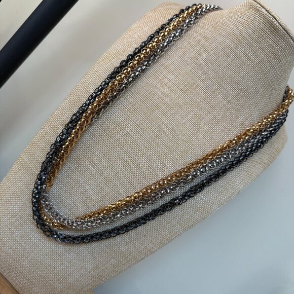 Multi-Tone Layered Chain Necklace Gold Silver & Black Metal Bold Statement - Picture 5 of 9